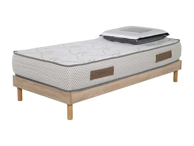 Ensemble Cosmos White mousse accueil mémoire - 90x190 et 1 Oreiller visco - Sommier kit chêne