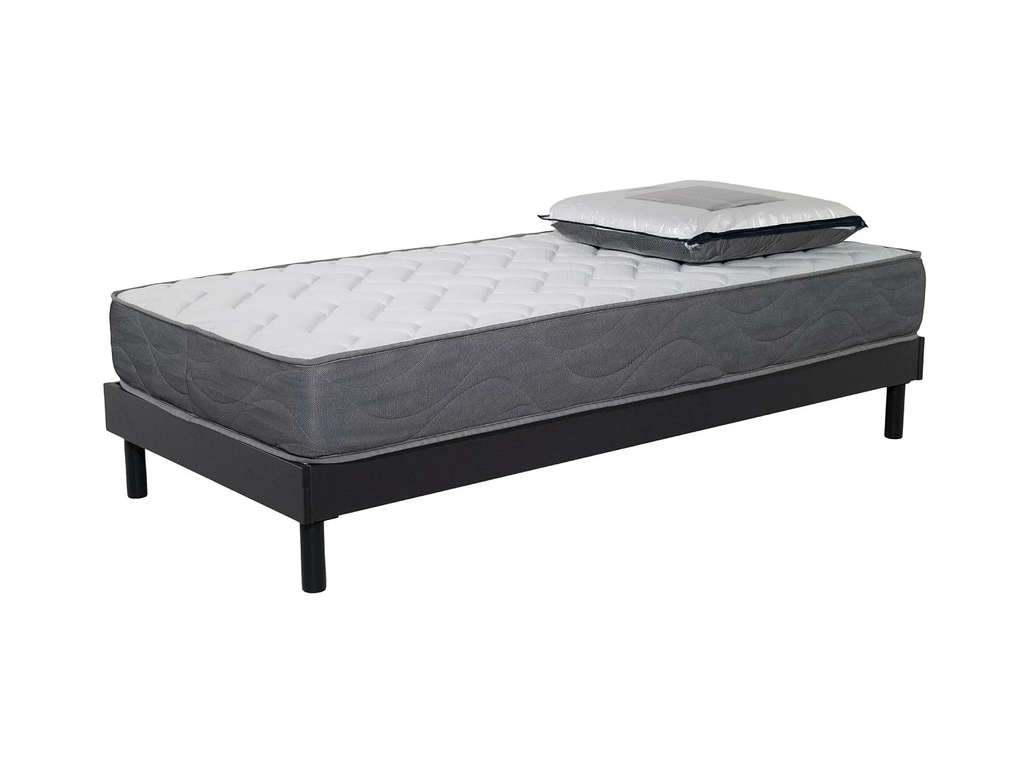 Ensemble Matelas Luxe mousse - 90x190cm avec 1 Oreiller visco 60x60 et Sommier kit gris