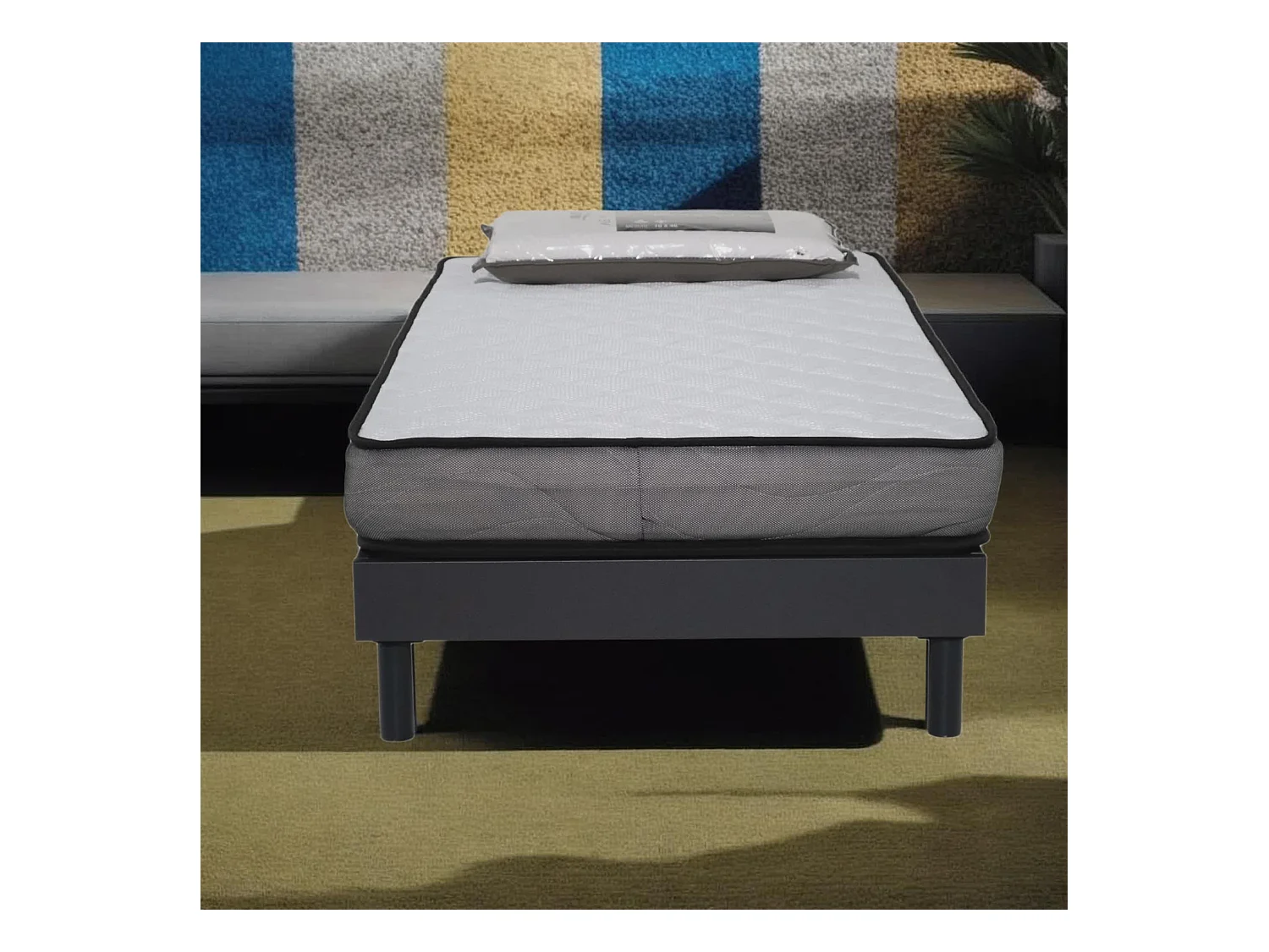 Ensemble Matelas Luxe mousse - 90x190cm avec 1 Oreiller visco 60x60 et Sommier kit gris
