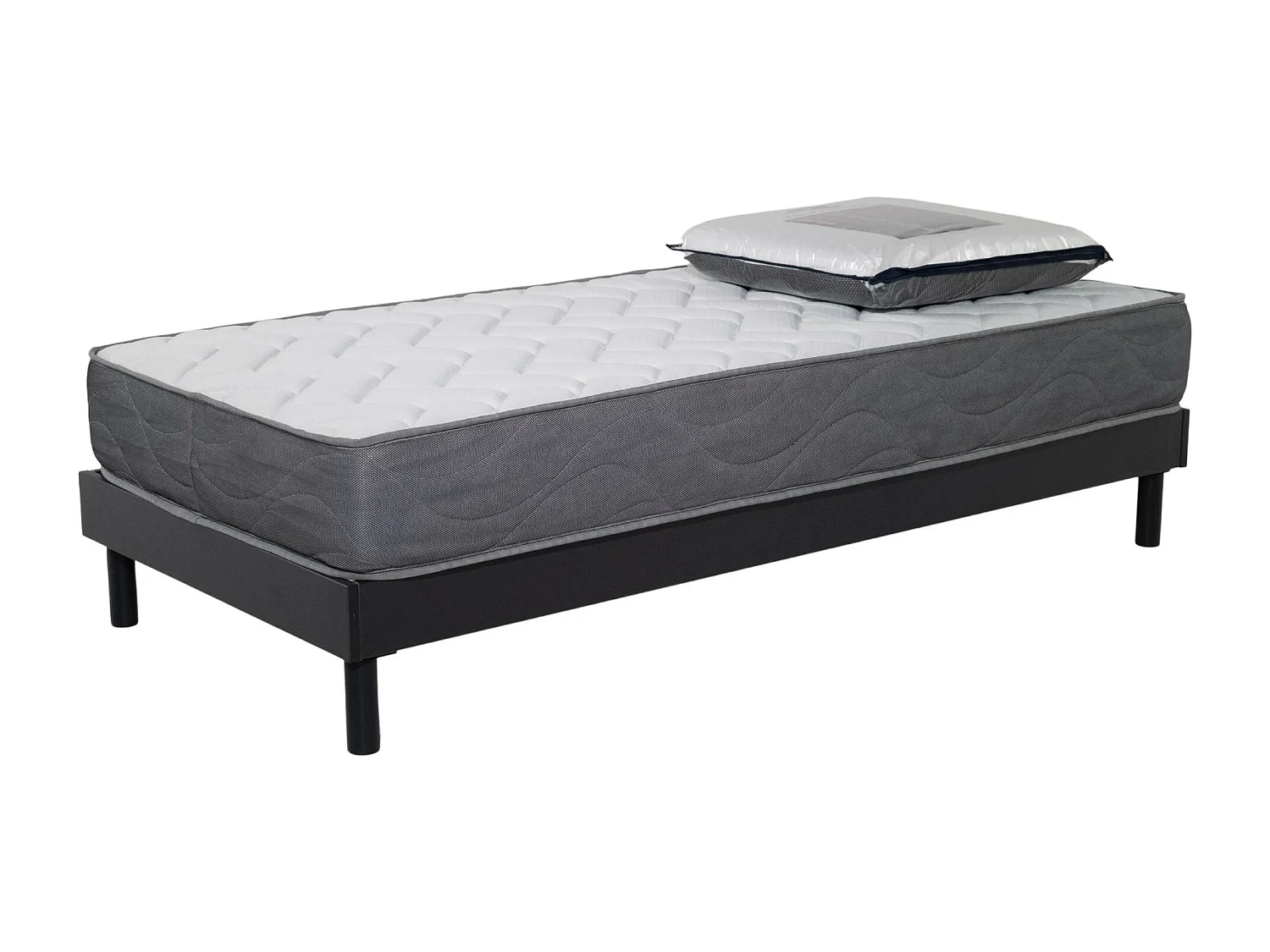 Ensemble Matelas Luxe mousse - 90x190cm avec 1 Oreiller visco 60x60 et Sommier kit gris