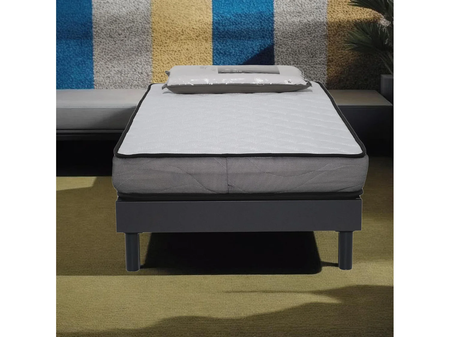 Ensemble Matelas Luxe mousse - 90x190cm avec 1 Oreiller visco 60x60 et Sommier kit gris