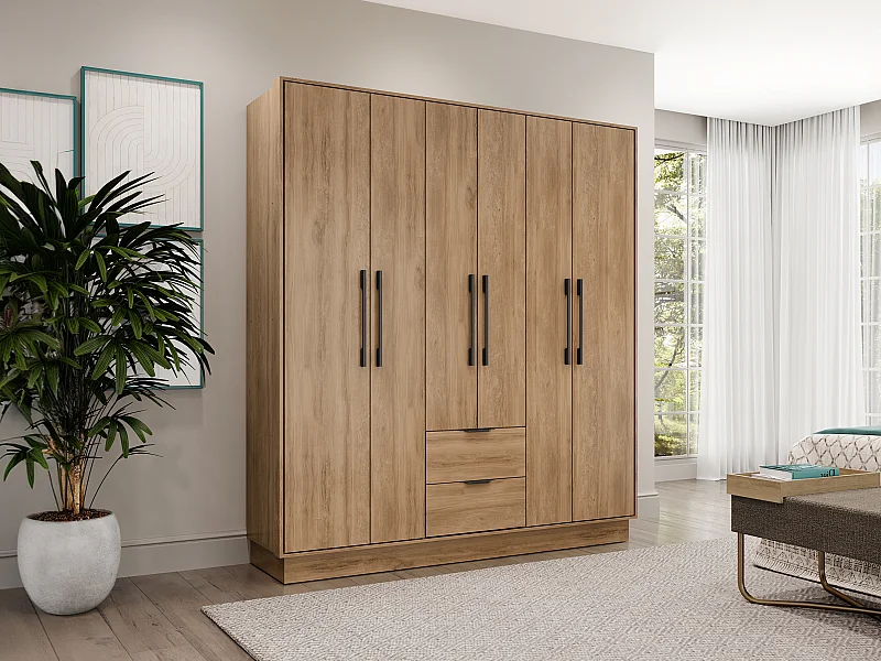 Armoire 6 portes et 2 tiroirs - L162 cm - Coloris : Naturel - FEOVA