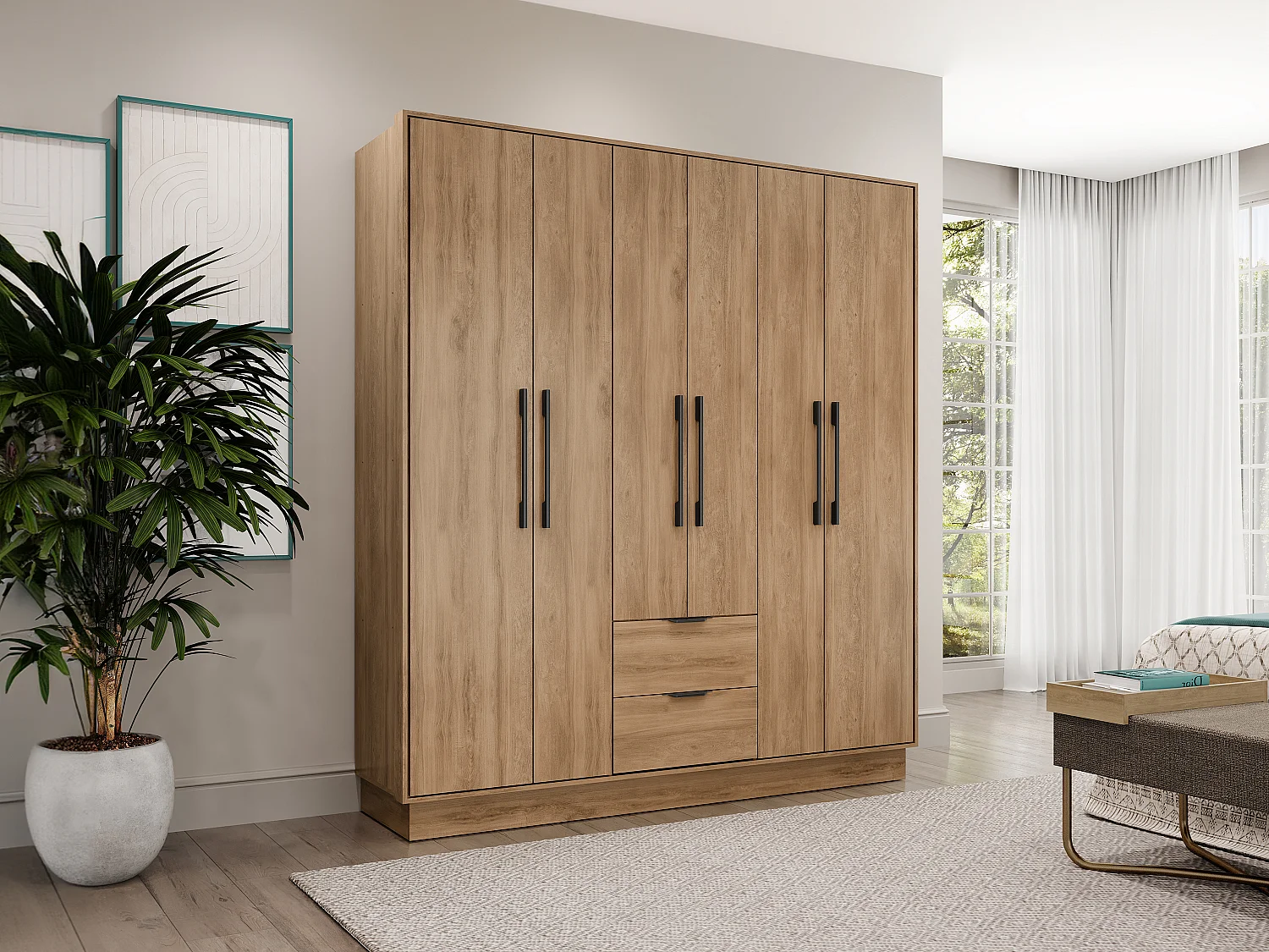 Armoire 6 portes et 2 tiroirs - L162 cm - Coloris : Naturel - FEOVA