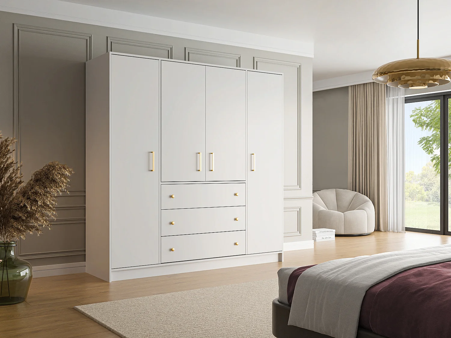 Armoire 4 portes et 3 tiroirs - L196 cm - Blanc - LIZANDRO