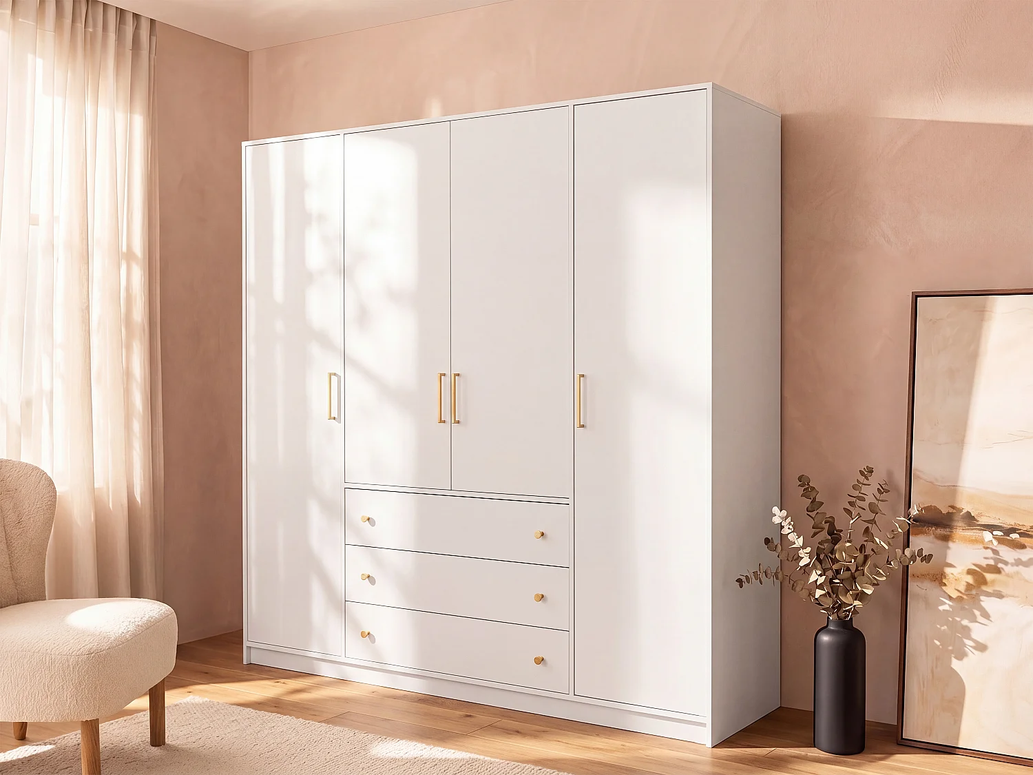 Kleiderschrank mit 4 Türen & 3 Schubladen - 196 cm - Weiß - LIZANDRO