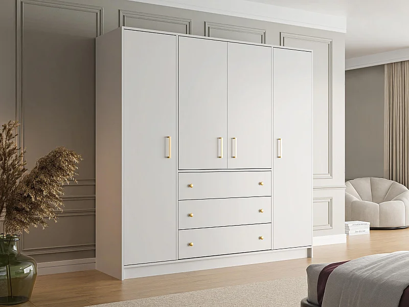 Armadio 4 ante e 3 cassetti L196 cm Bianco - LIZANDRO