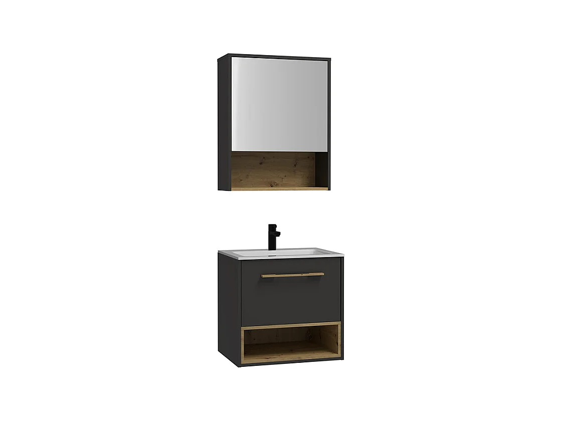 Meuble de salle de bain suspendu anthracite avec vasque à encastrer et armoire de toilette - 60 cm - YANGRA