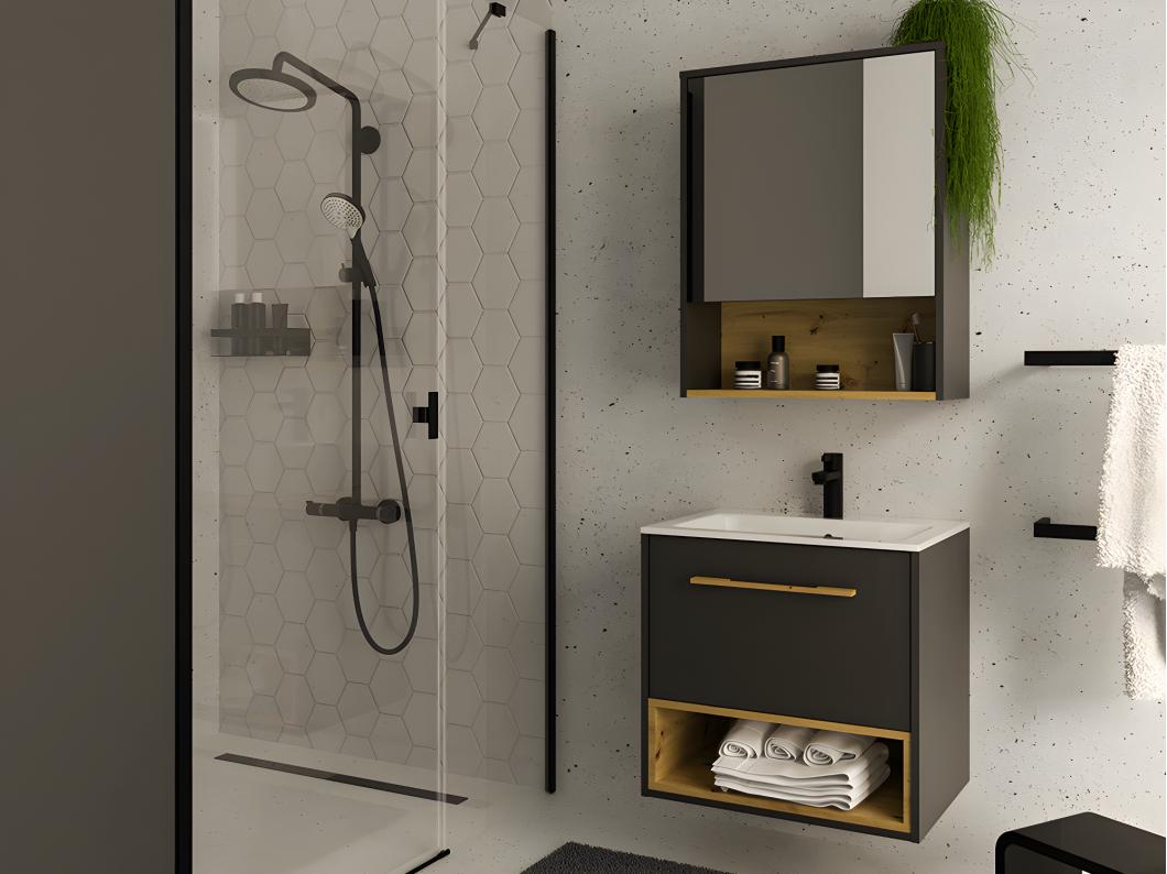 Mobile per bagno sospeso con Lavabo da incasso + Armadietto bagno 60 cm Antracite - YANGRA