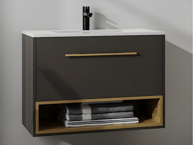 Antraciet hangmeubel voor badkamer met inbouwwastafel - 80 cm - YANGRA