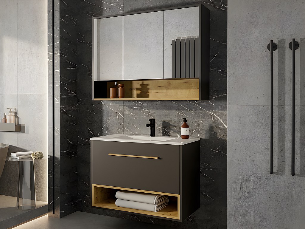 Waschbeckenunterschrank hängend - Anthrazit - mit Einbauwaschtisch & Spiegelschrank - 80 cm - YANGRA