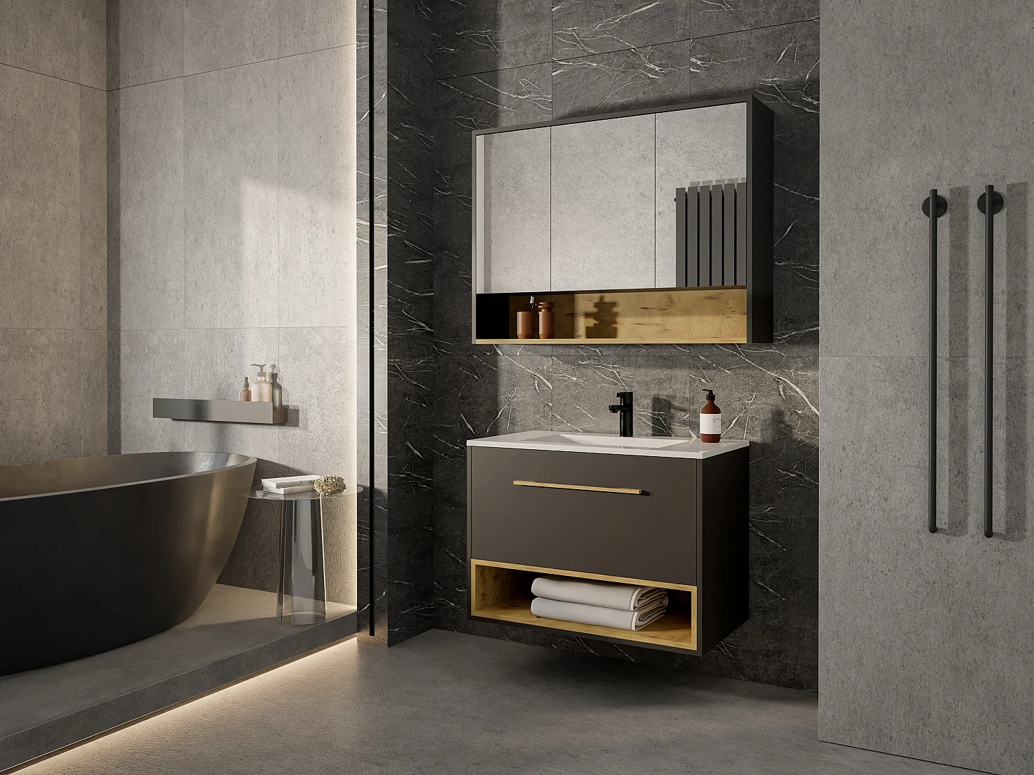 Antraciet hangmeubel voor badkamer met inbouwwastafel en toiletkastje - 80 cm - YANGRA