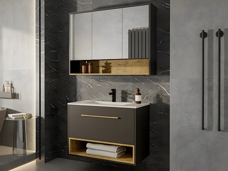 Waschbeckenunterschrank hängend - Anthrazit - mit Einbauwaschtisch & Spiegelschrank - 80 cm - YANGRA