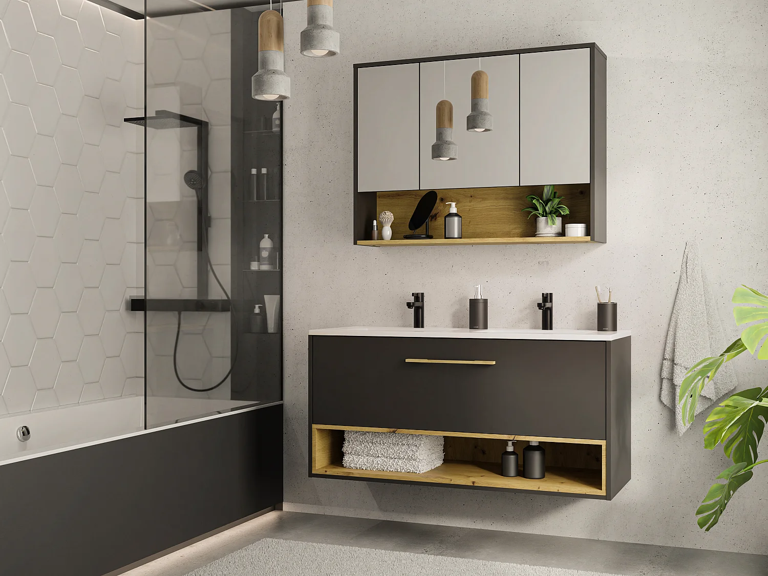 Antraciet hangmeubel voor badkamer met inbouwwastafel en toiletkastje - 120 cm - YANGRA