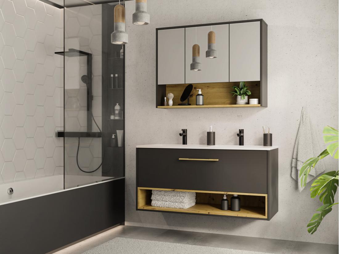vente unique Meuble de salle de bain suspendu anthracite avec vasque à encastrer et armoire de toilette - 120 cm - YANGRA
