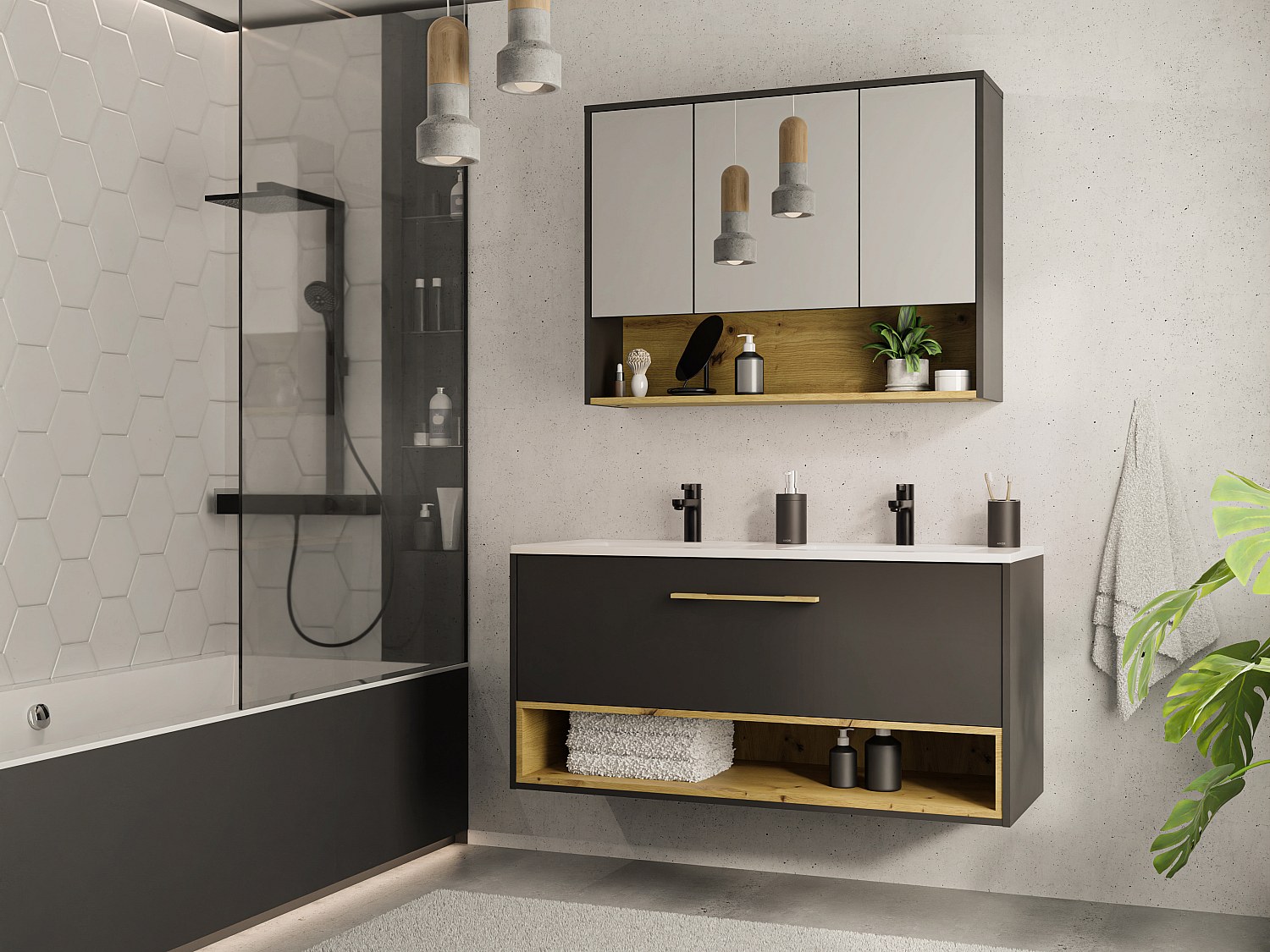 Waschbeckenunterschrank hängend - Anthrazit - mit Einbauwaschtisch & Spiege günstig online kaufen