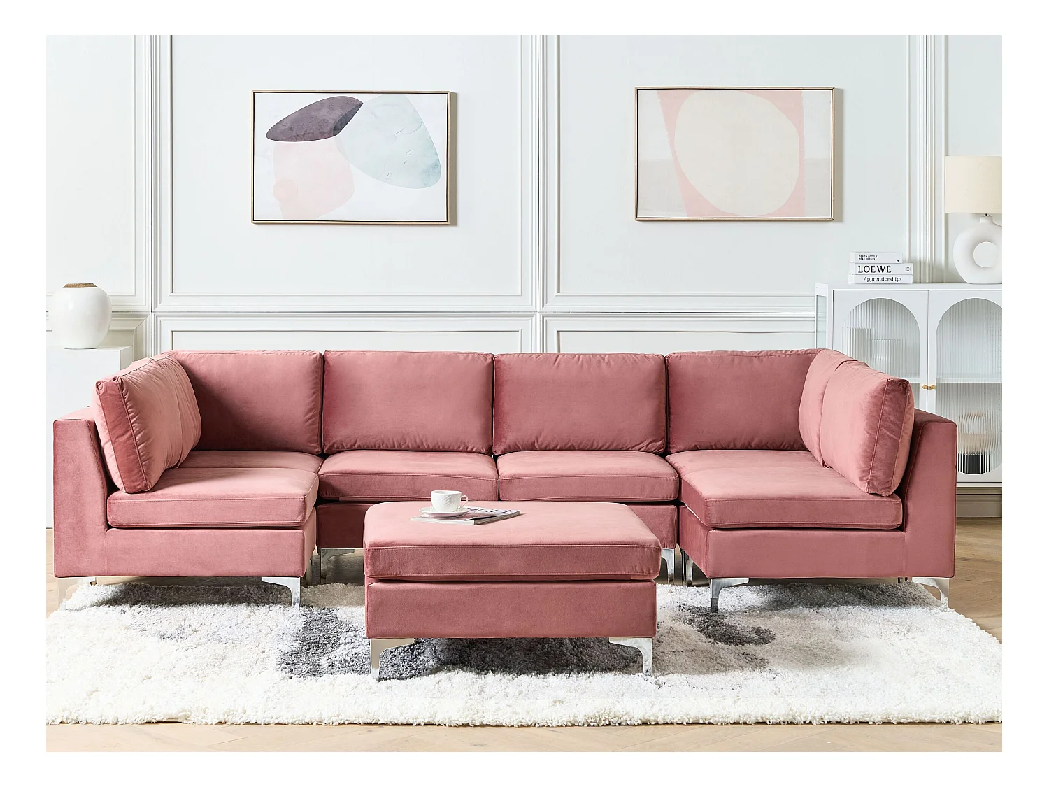 Modulaire U-vormige bank EVJA Fluweel Roze Met ottomaan 6-zitter