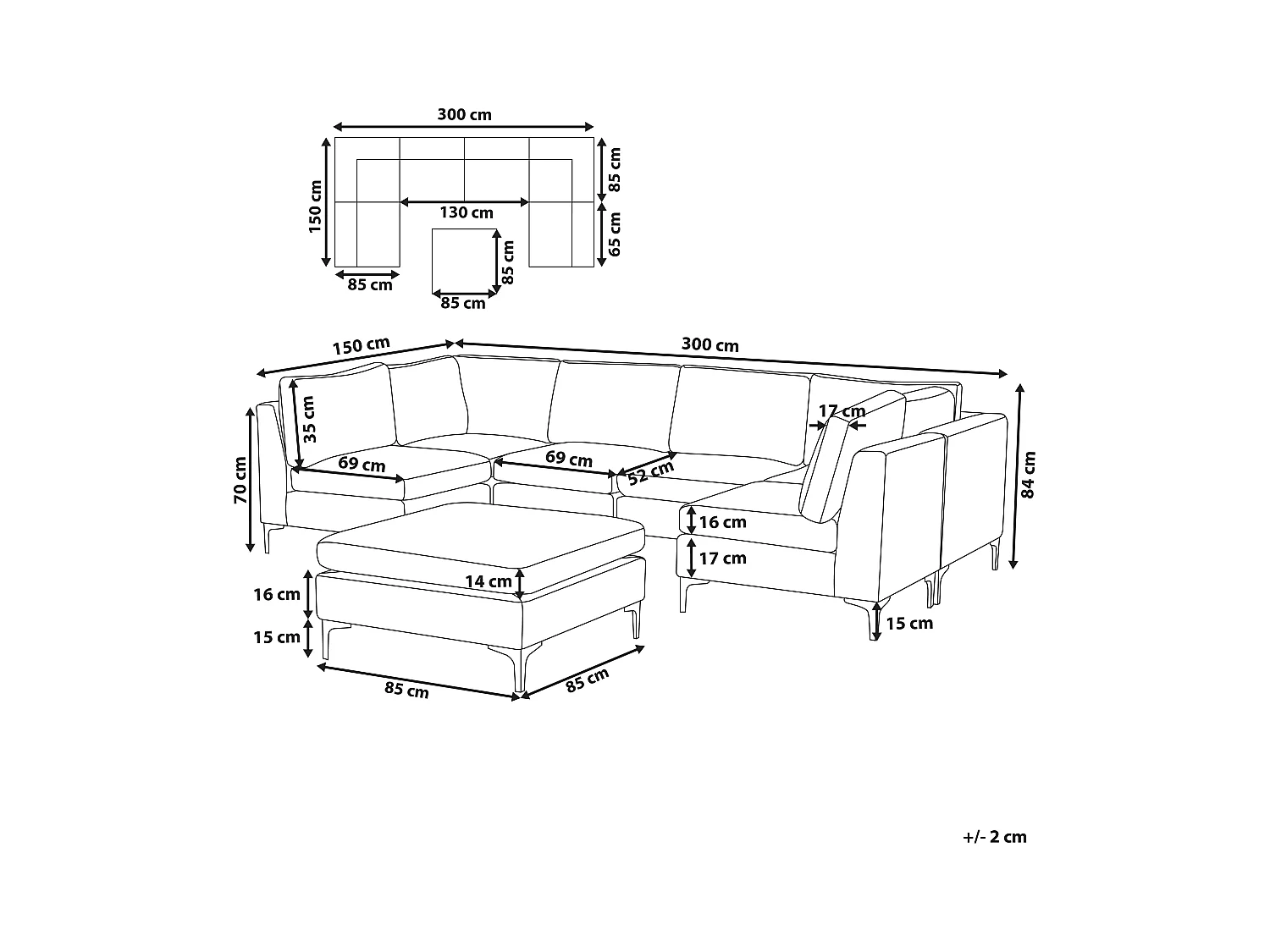 Modulaire U-vormige bank EVJA Fluweel Roze Met ottomaan 6-zitter