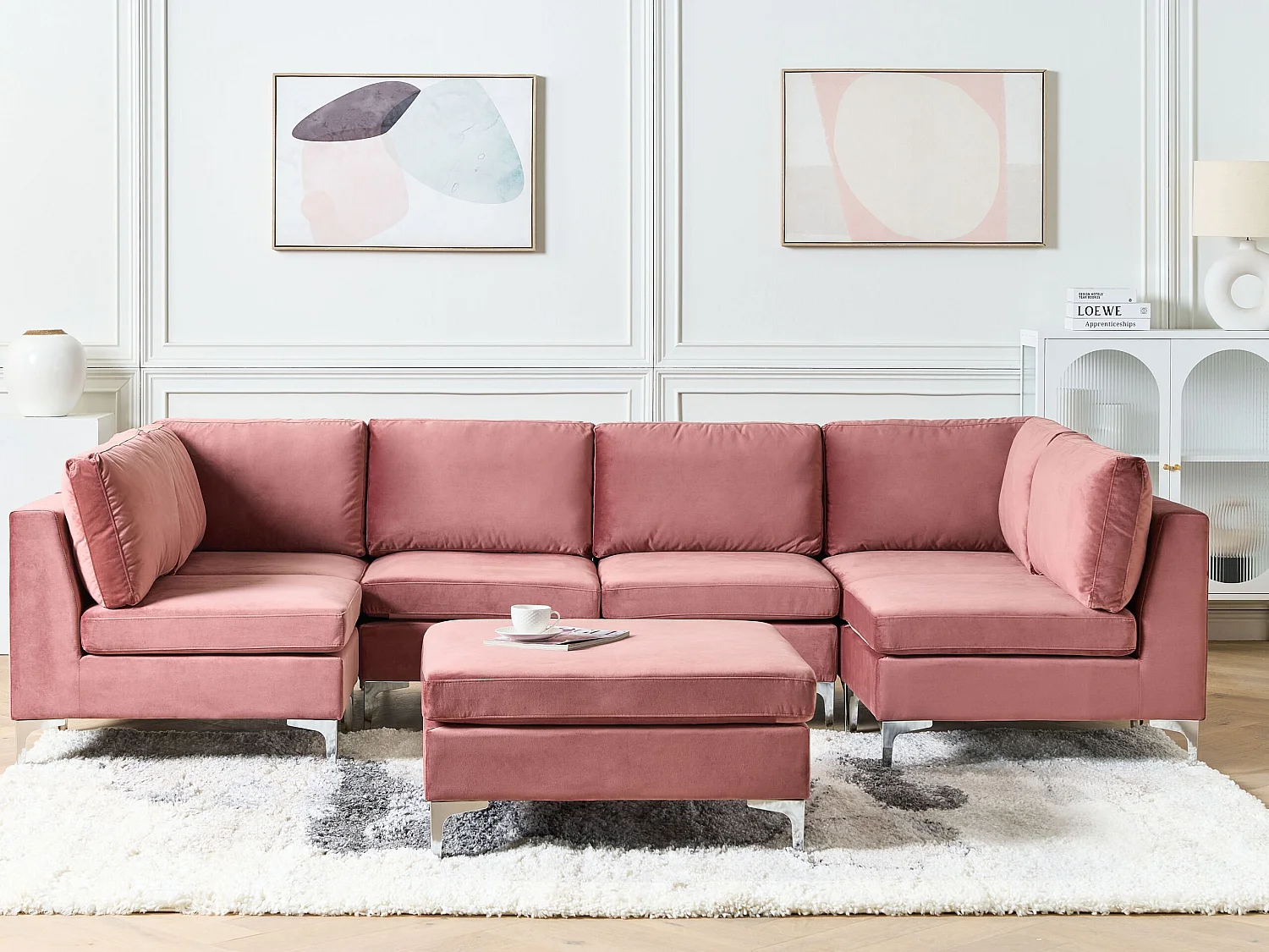 Canapé modulable en forme de U 6 places EVJA Velours Rose avec ottoman