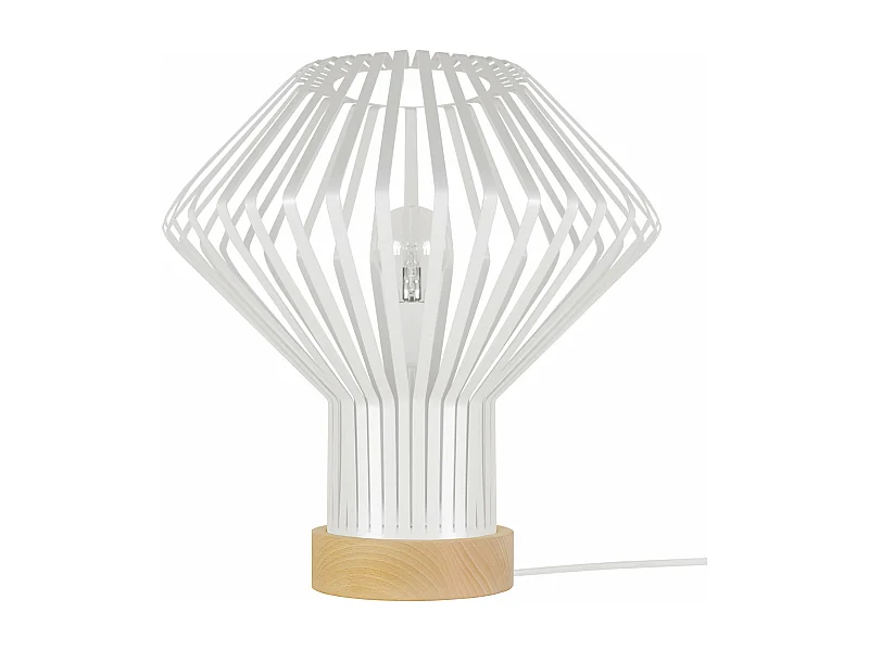 Lampe a poser bois, conique métal blanc35 cm.