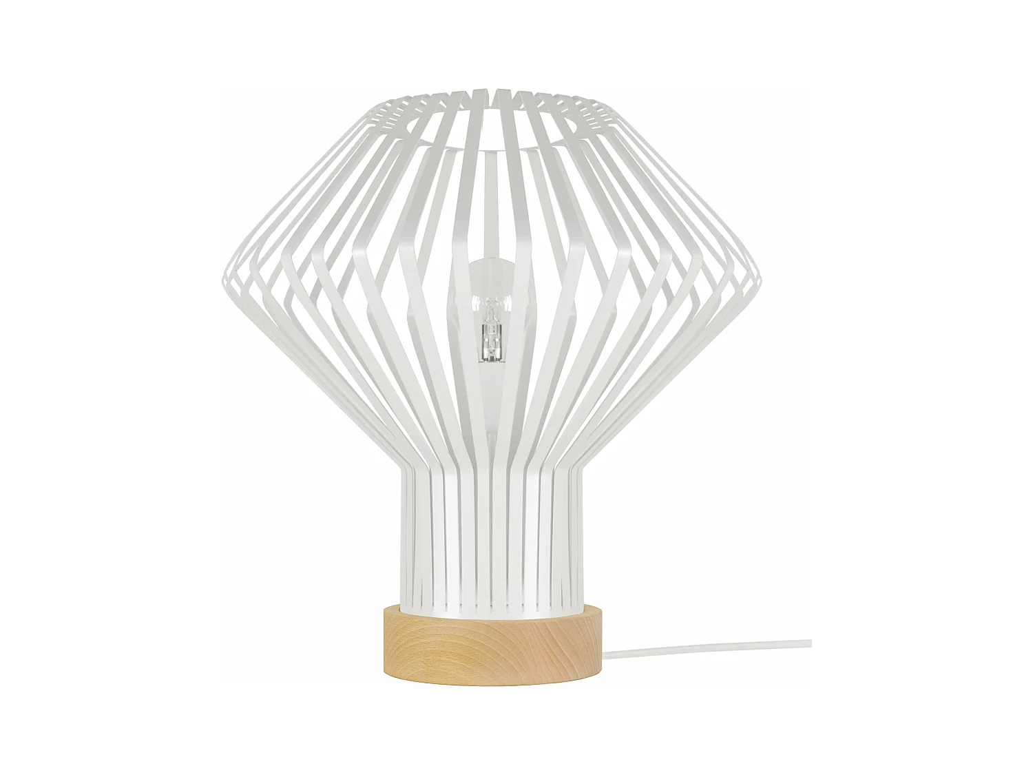 Lampe a poser bois, conique métal blanc35 cm.