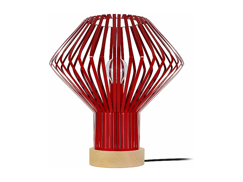 Lampe a poser bois, conique métal rouge35 cm.