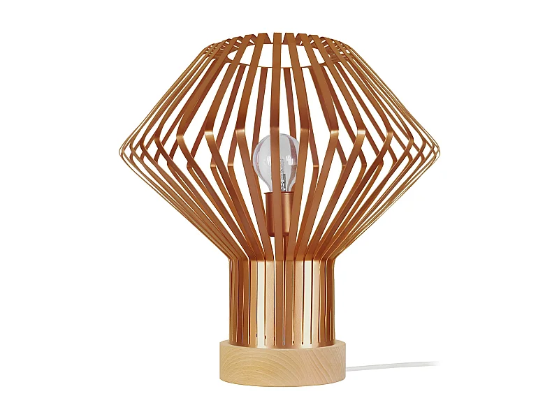 Lampe a poser bois, conique métal cuivre35 cm.
