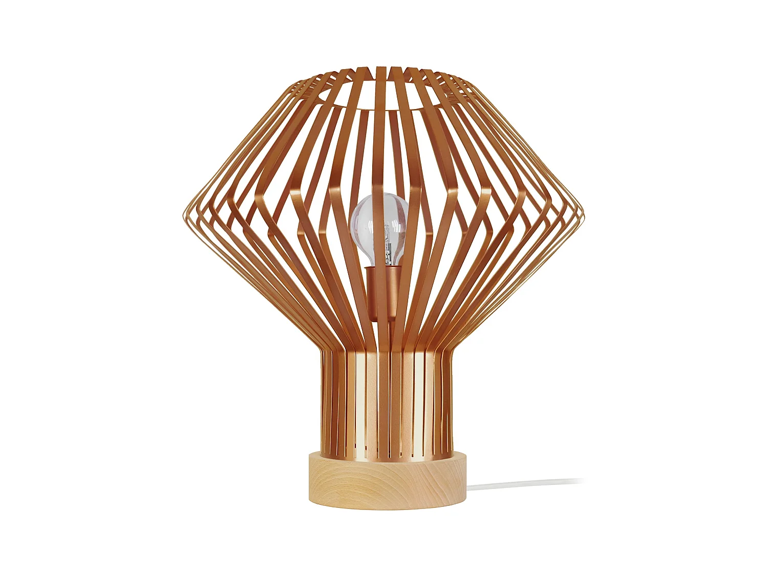Lampe a poser bois, conique métal cuivre35 cm.