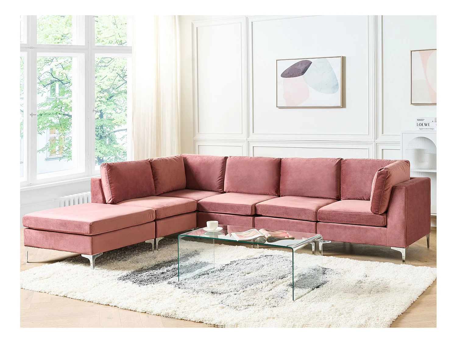 Canapé d'angle modulable 5 places EVJA Velours Rose avec ottoman Côté droit