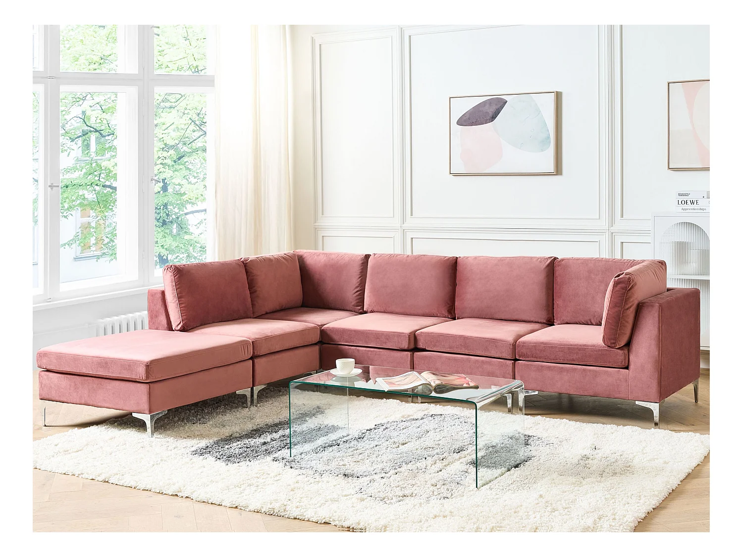 Canapé d'angle modulable 5 places EVJA Velours Rose avec ottoman Côté droit