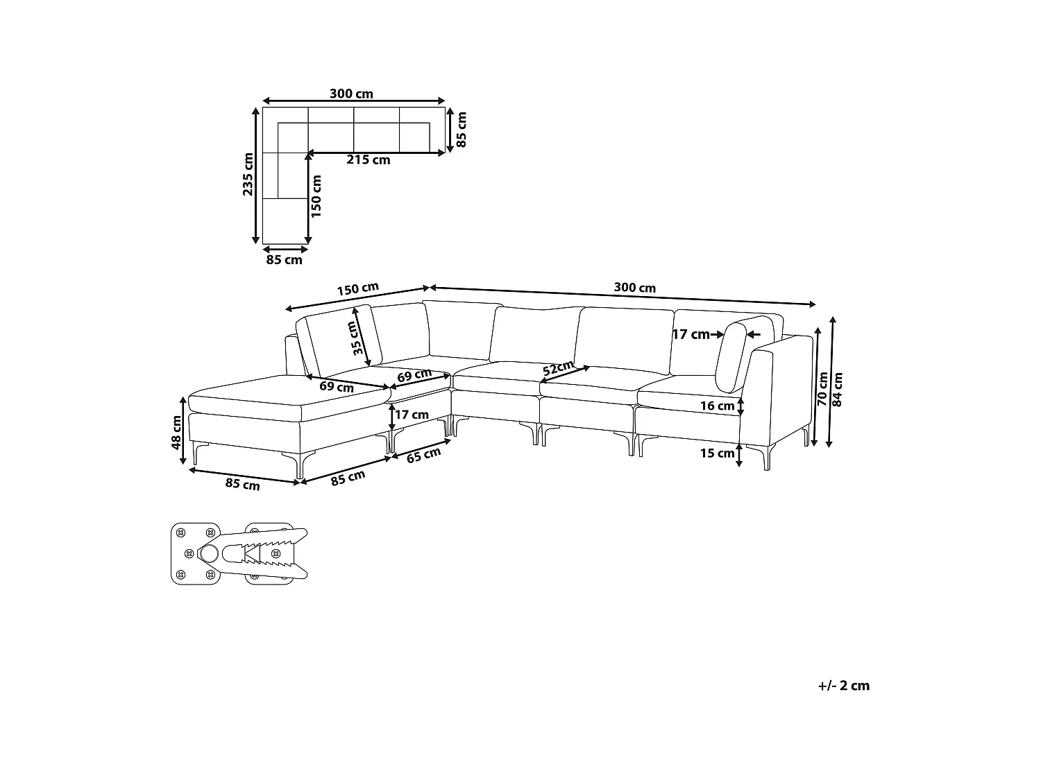 Canapé d'angle modulable 5 places EVJA Velours Rose avec ottoman Côté droit