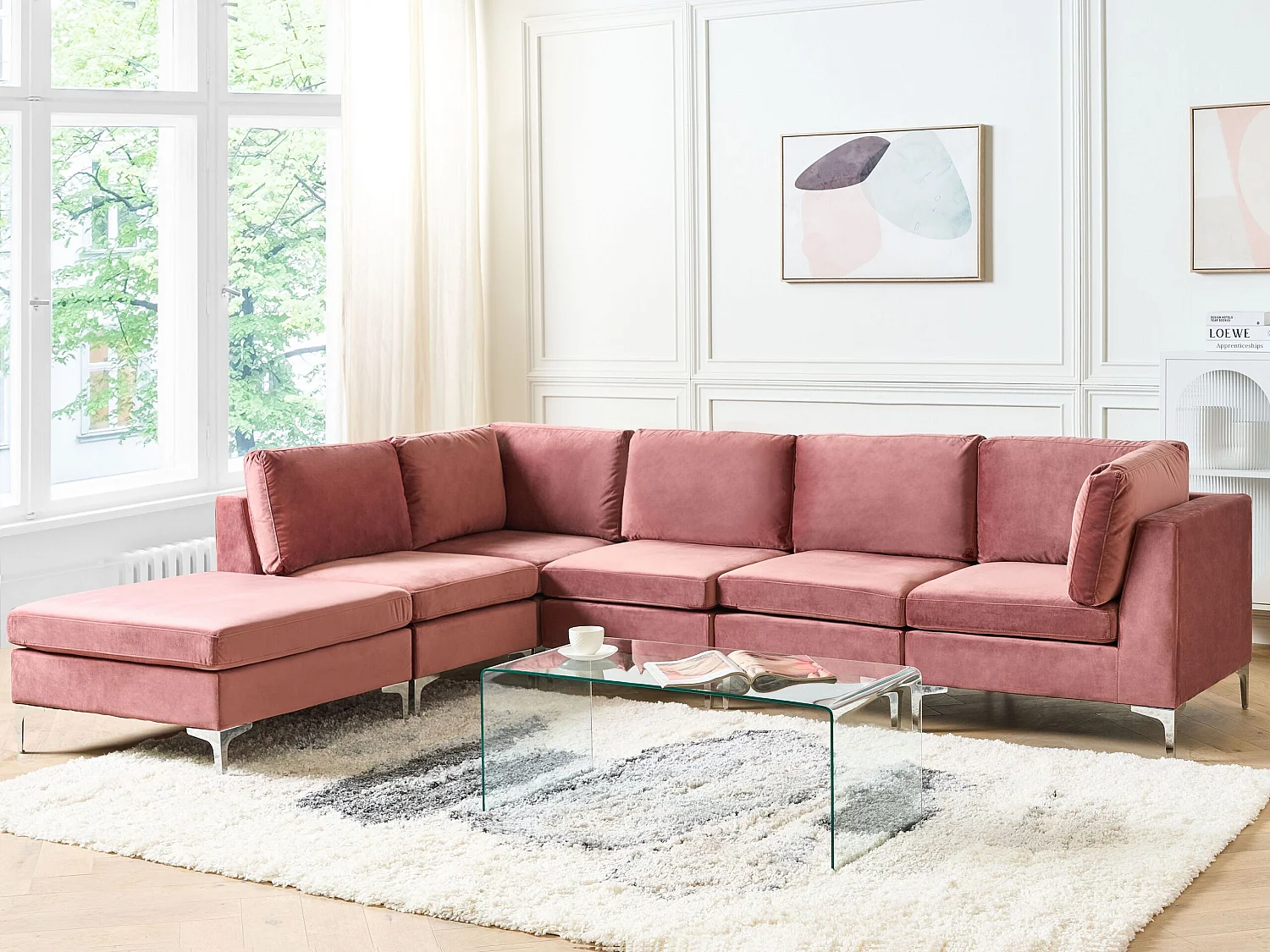 Modulaire hoekbank EVJA Fluweel Roze Met ottomaan 5-zitter Rechterzijde
