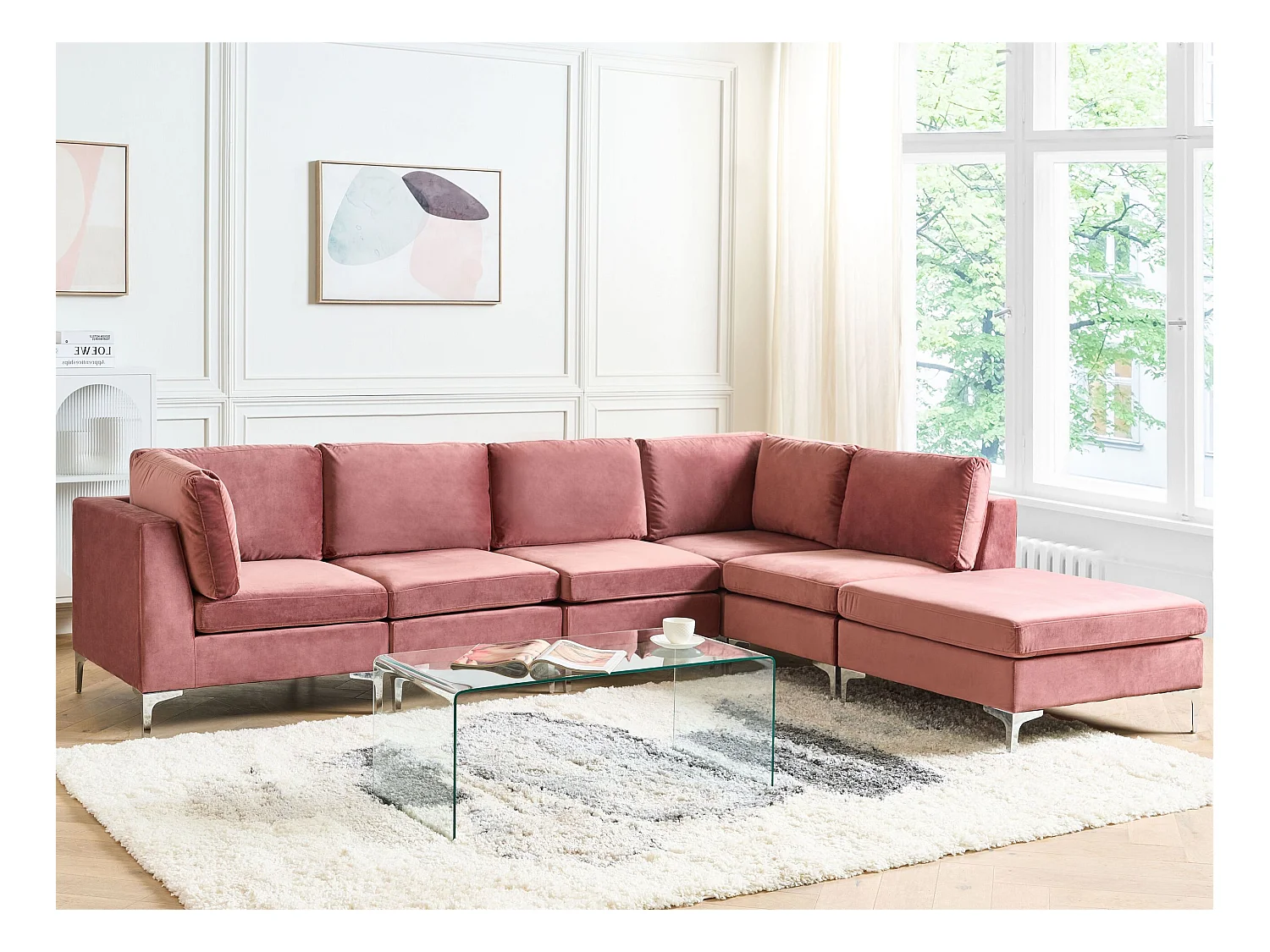 Modulaire hoekbank EVJA Fluweel Roze Met ottomaan 5-zitter Linkerzijde
