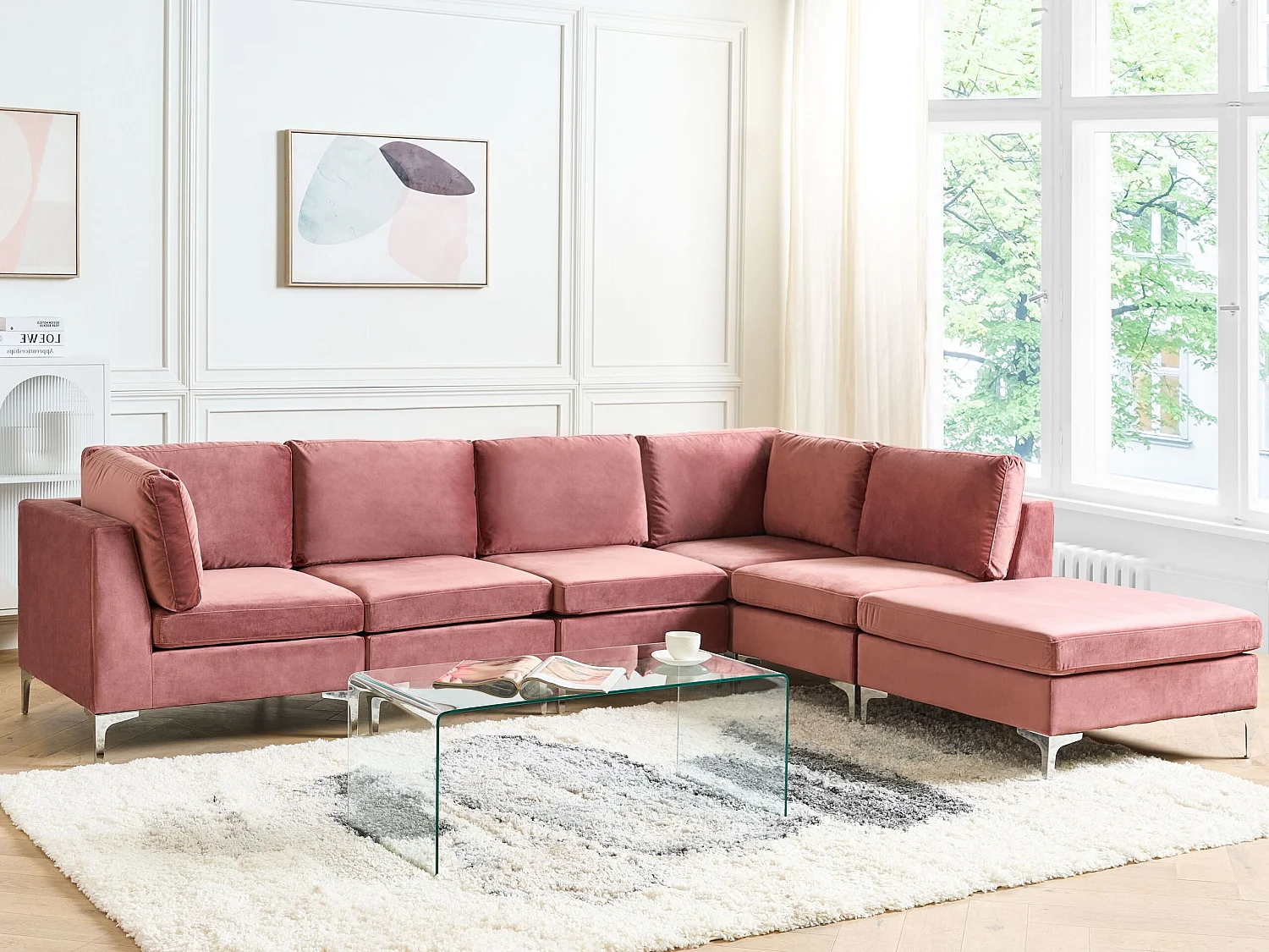 Canapé d'angle modulable EVJA Velours Rose avec ottoman 5 places Côté gauche