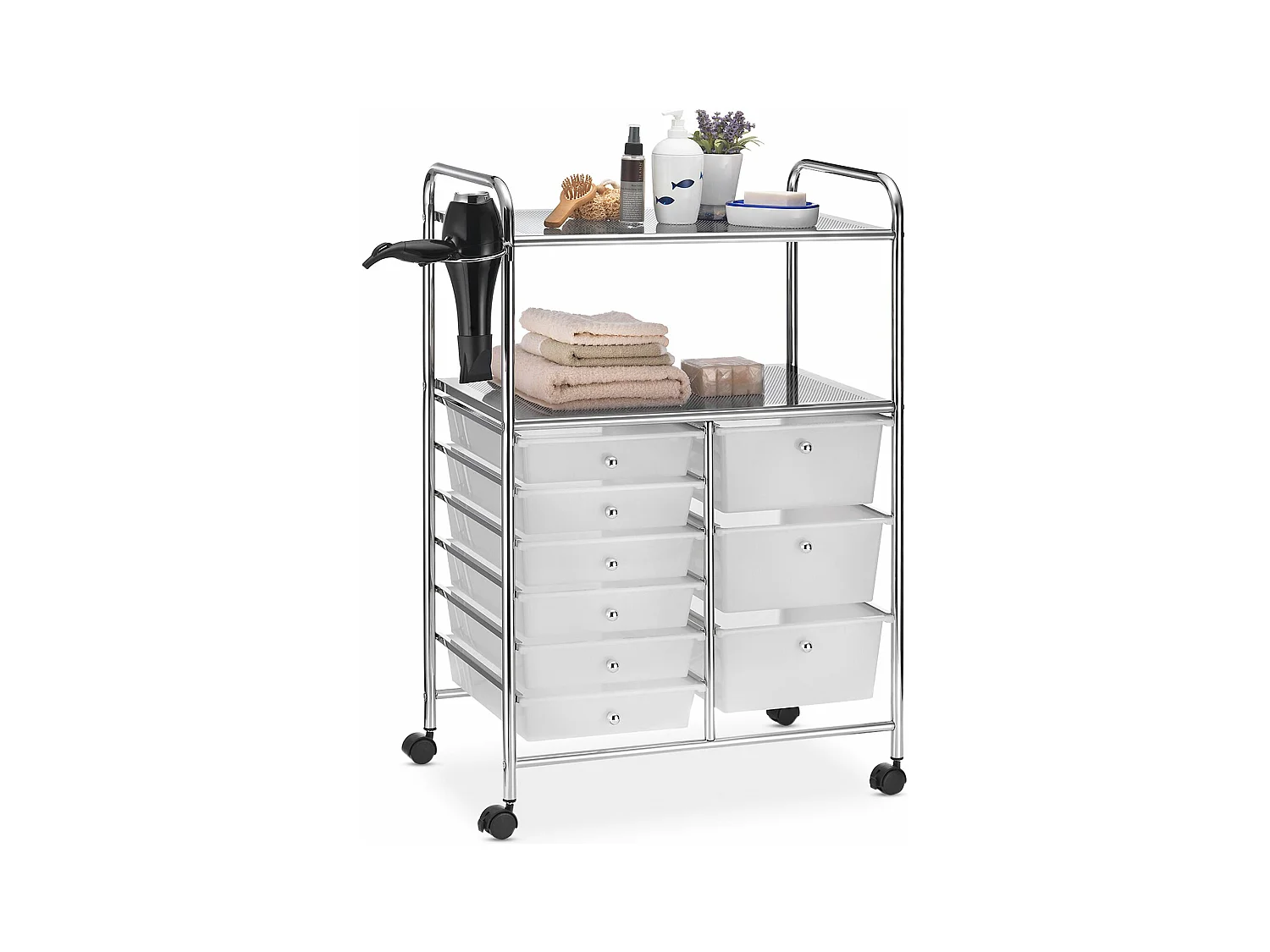 Caisson sur roulettes MARITA chariot 9 tiroirs en plastique blanc transparent et 2 étagères, rangement salle de bain en métal chromé