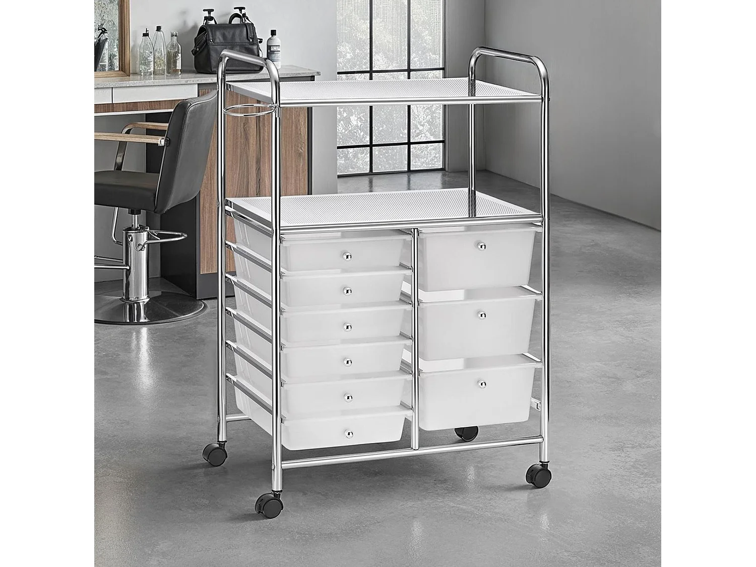 Caisson sur roulettes MARITA chariot 9 tiroirs en plastique blanc transparent et 2 étagères, rangement salle de bain en métal chromé