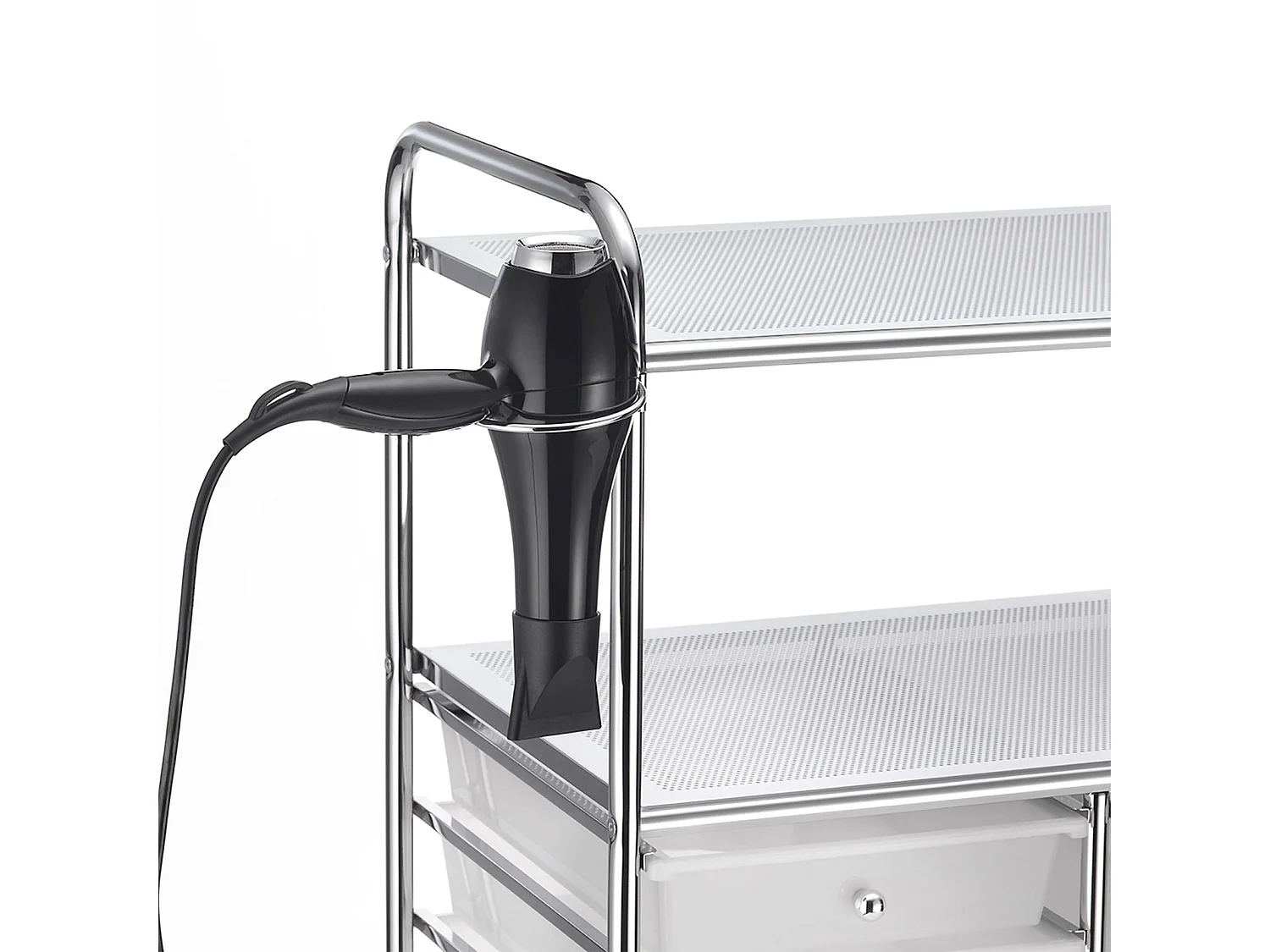 Caisson sur roulettes MARITA chariot 9 tiroirs en plastique blanc transparent et 2 étagères, rangement salle de bain en métal chromé