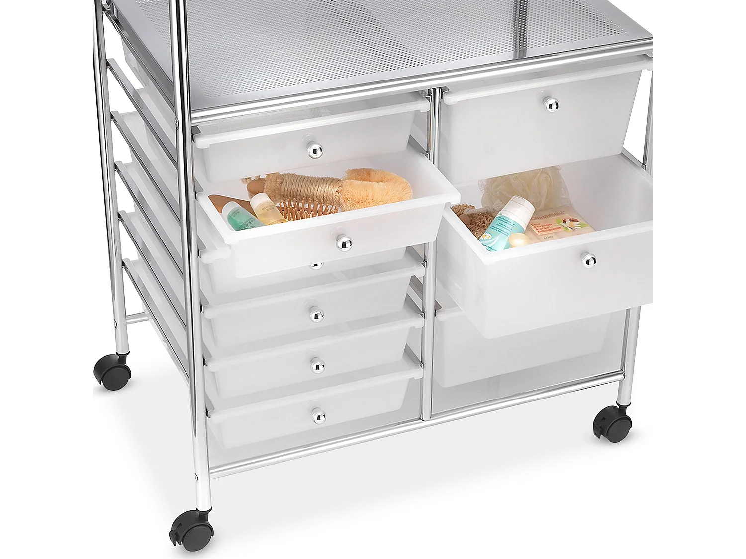 Caisson sur roulettes MARITA chariot 9 tiroirs en plastique blanc transparent et 2 étagères, rangement salle de bain en métal chromé