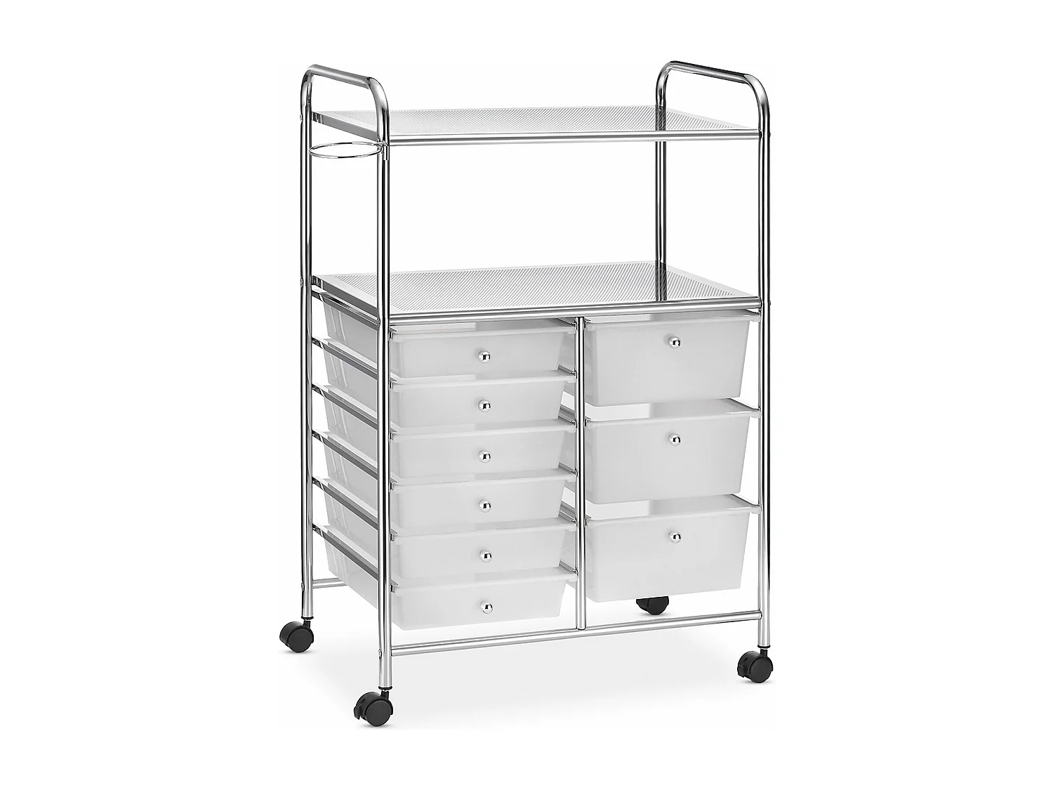 Caisson sur roulettes MARITA chariot 9 tiroirs en plastique blanc transparent et 2 étagères, rangement salle de bain en métal chromé