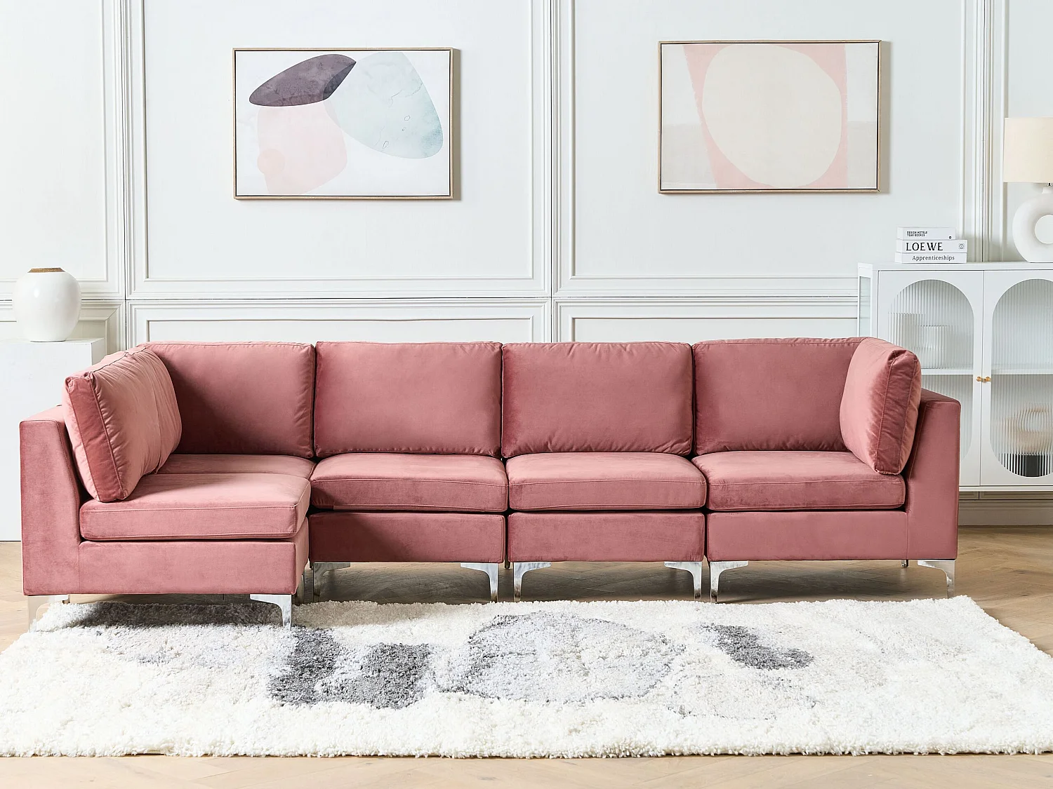 Modulaire hoekbank EVJA Fluweel Roze 5-zitter Rechterzijde