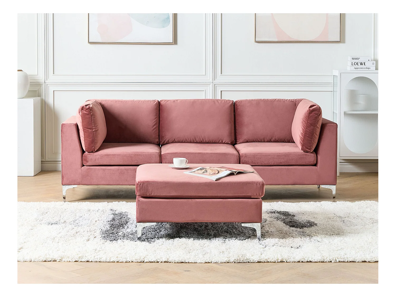 Modernes Modulsofa 3-Sitzer mit Ottomane Samtstoff Rosa Glamour Stil Evja