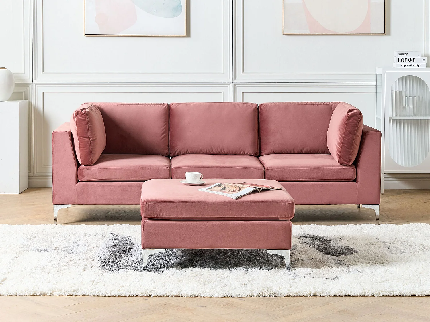 Canapé modulable 3 places EVJA Velours Rose avec ottoman