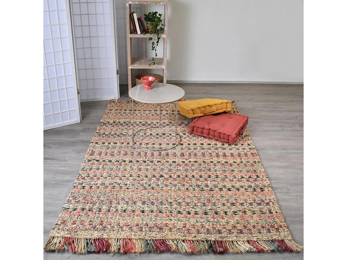 Tapis jute 160x230 fait à la main beige et bordeaux SQUARE
