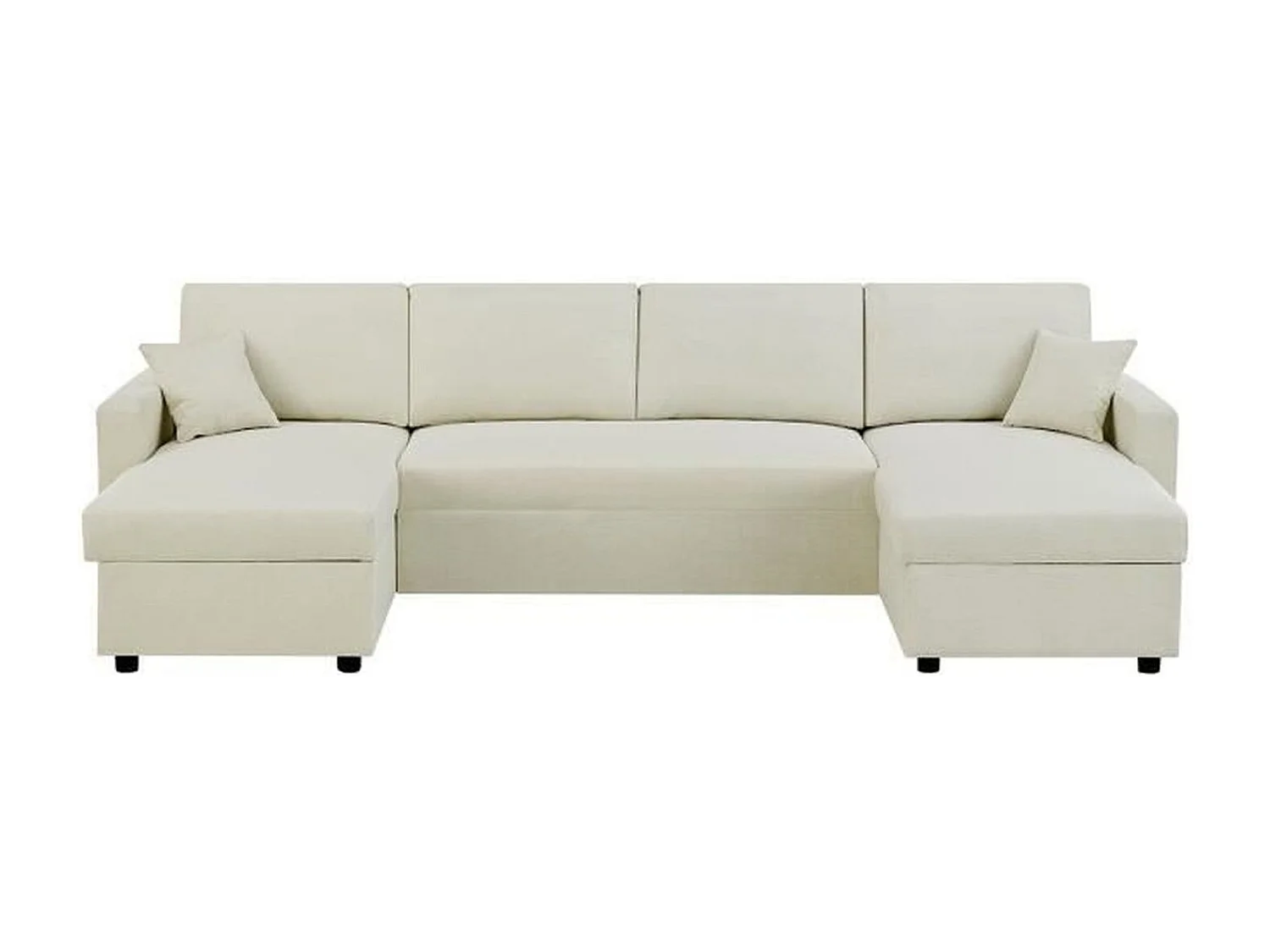 Canapé d'angle convertible panoramique + 2 coffres de rangement + 2 coussins - Tissu Beige - 300 x 148 x 83 cm - OWENS