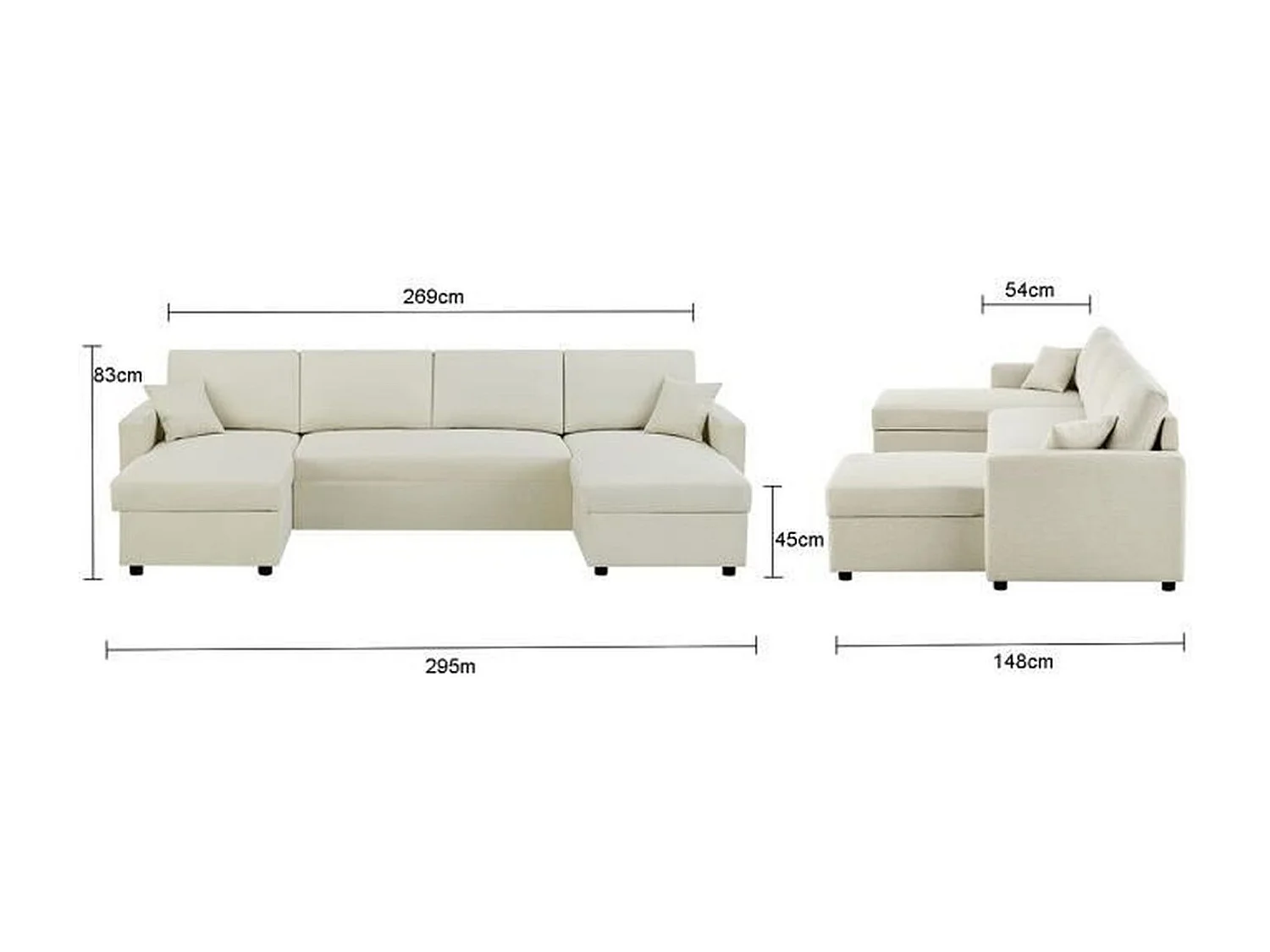 Canapé d'angle convertible panoramique + 2 coffres de rangement + 2 coussins - Tissu Beige - 300 x 148 x 83 cm - OWENS
