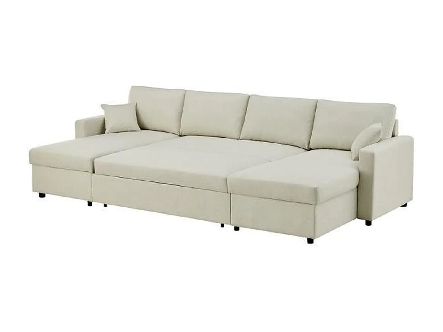 Canapé d'angle convertible panoramique + 2 coffres de rangement + 2 coussins - Tissu Beige - 300 x 148 x 83 cm - OWENS