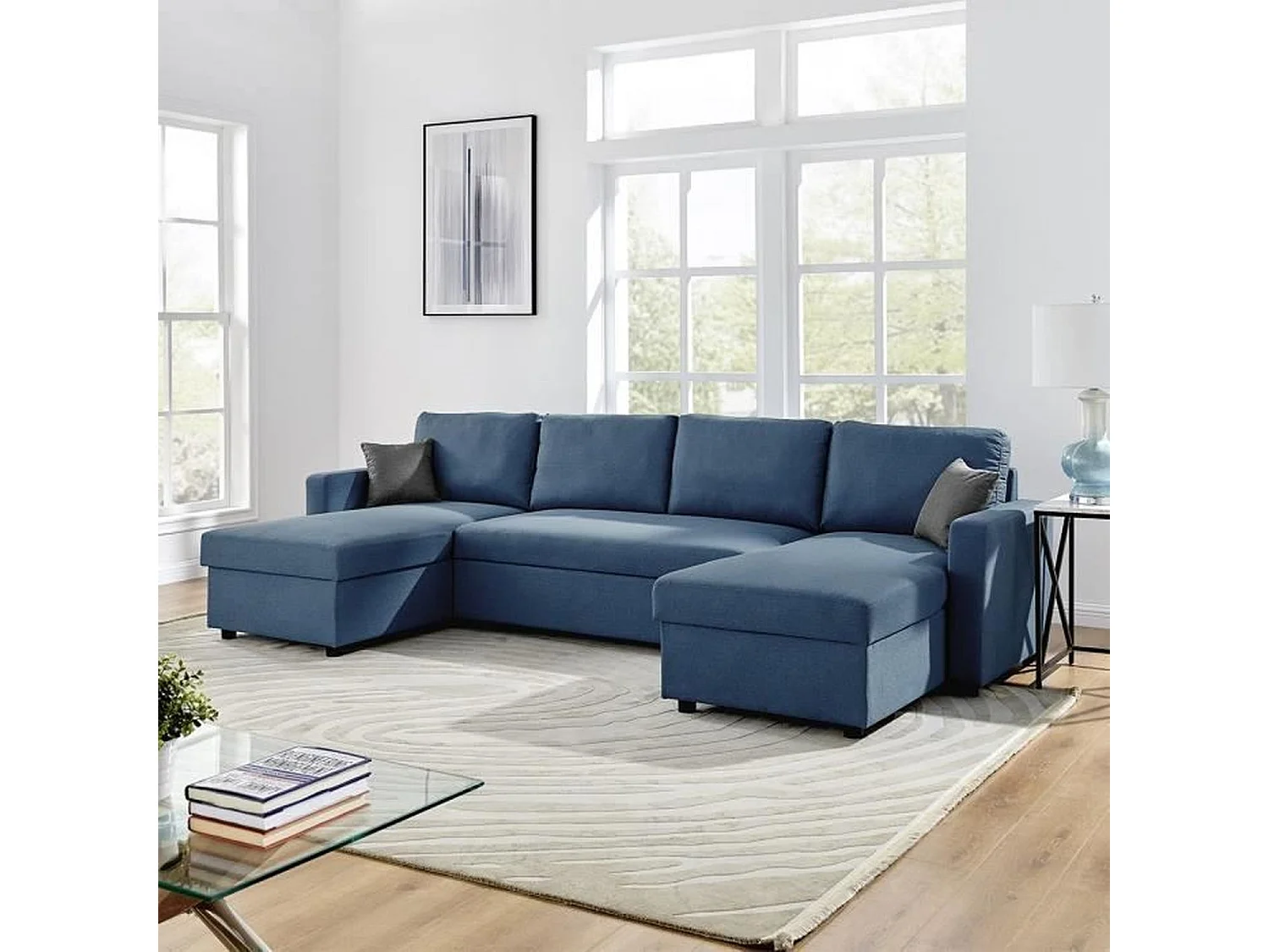 Canapé d'angle convertible panoramique + 2 coffres de rangement - Bleu -OWENS