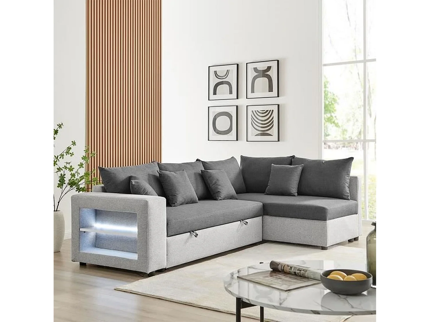 Canapé d'angle convertible droite + coffre de rangement - Gris foncé et clair - FL ASH