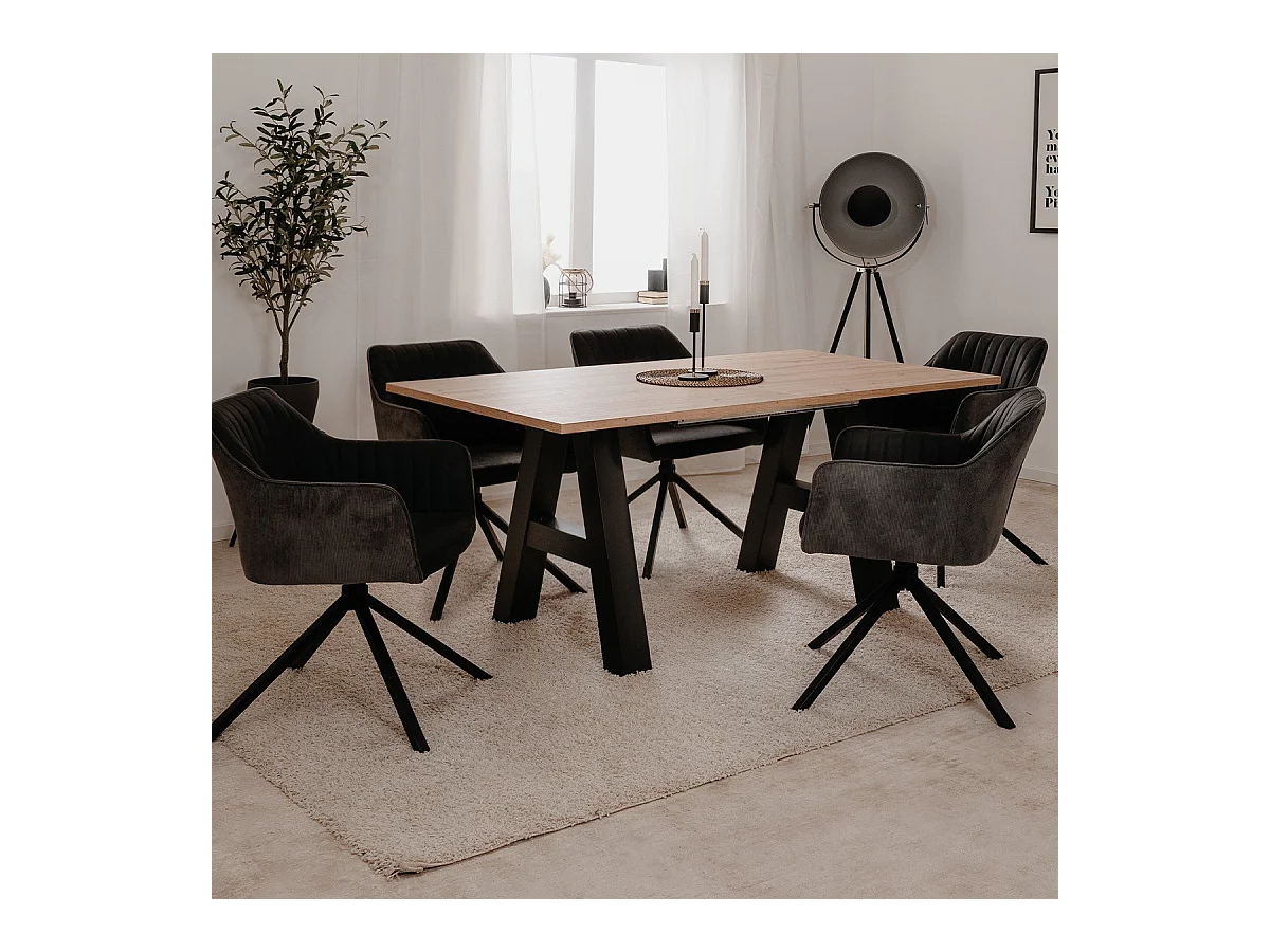 Table a manger GRANADA extensible - Style Industriel - 6/10 personnes - 2 rallonges 40 cm - L 157/197 x P 90 x H 75 cm - Chene/N