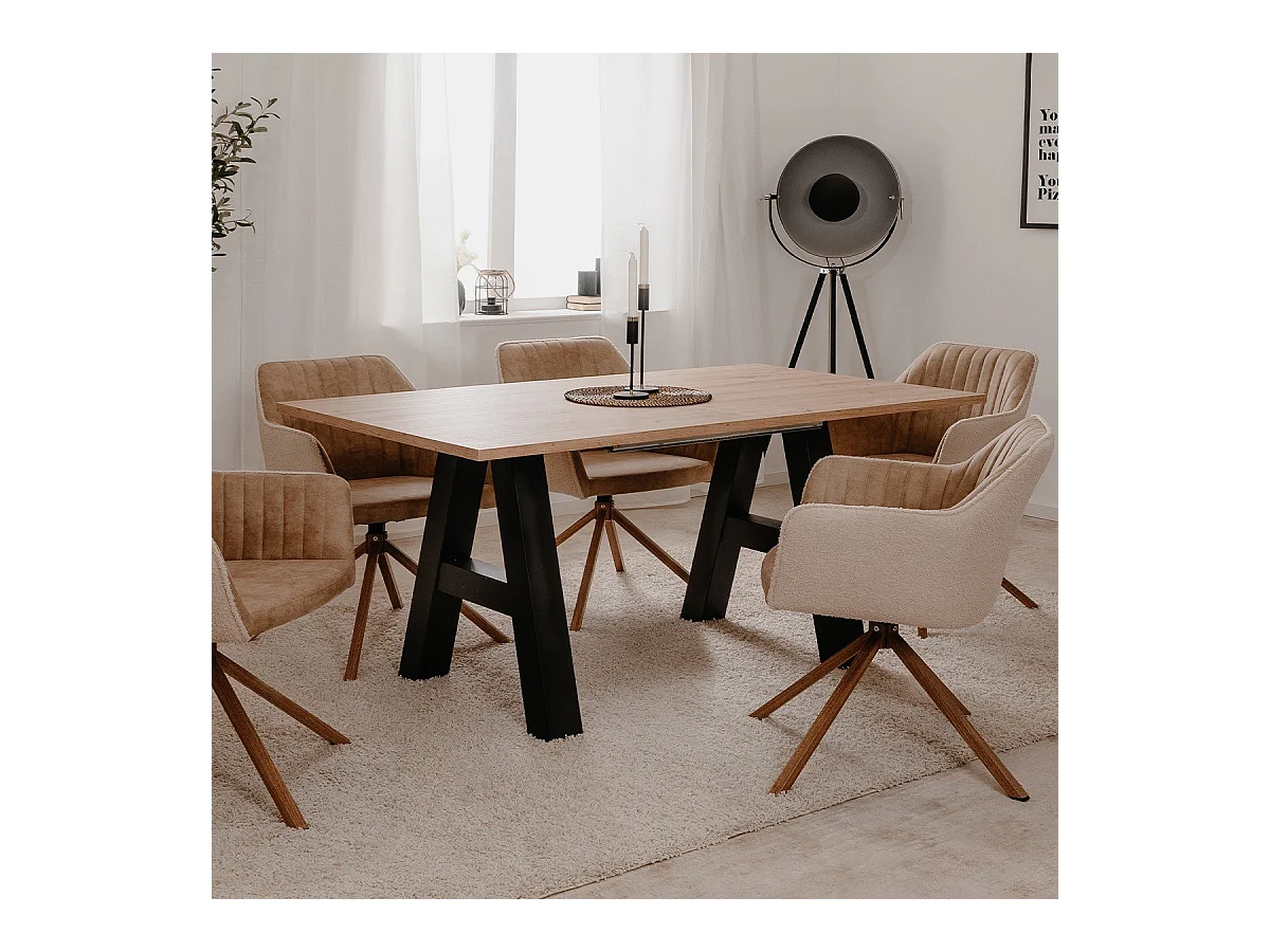 Table a manger GRANADA extensible - Style Industriel - 6/10 personnes - 2 rallonges 40 cm - L 157/197 x P 90 x H 75 cm - Chene/N