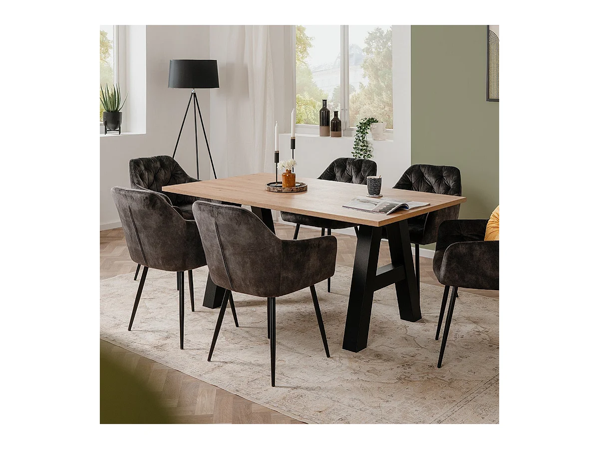 Table a manger GRANADA extensible - Style Industriel - 6/10 personnes - 2 rallonges 40 cm - L 157/197 x P 90 x H 75 cm - Chene/N